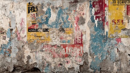 Urban wall featuring peeling paint layers revealing distressed textures, crumbling plaster, and the remnants of torn posters, creating a colorful and abstract grunge background
