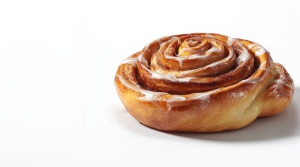 Fototapeta premium Cinnamon roll displaying fresh baked pastry coated with sweet white icing, presenting a delicious dessert and a comforting food on a bright white background