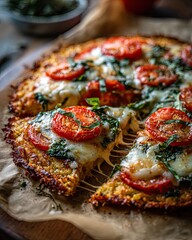 Gluten free cauliflower crust pizza topped with tomato, basil, spinach and mozzarella