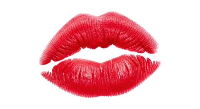 Red lips print with glossy texture on transparent background