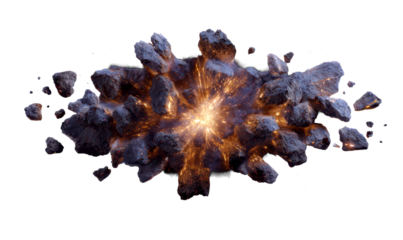 Explosive Burst Breaking into Fragments with Fiery Effects Isolate on Transparent Background, cutout, png