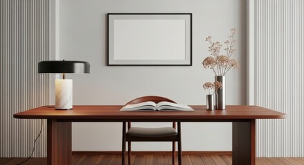 Elegant wooden desk with lamp, open book, vase, and blank picture frame in a modern room