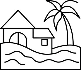 A cartoon real estate illustration of a residential cottage property, a unique house design and structure on a palm on the beach