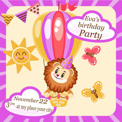 Kids birthday party invitation template with cute lion cub on a hot air balloon vector image