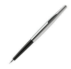 Sleek silver fountain pen, angled view, white background, writing