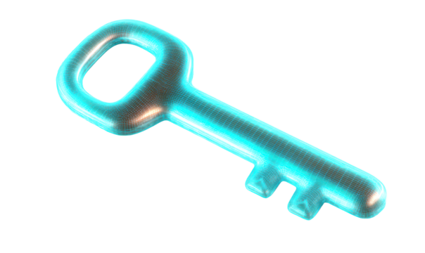 Holographic Key Design with Emitting Light and Encrypted Style Isolate on Transparent Background, cutout, png