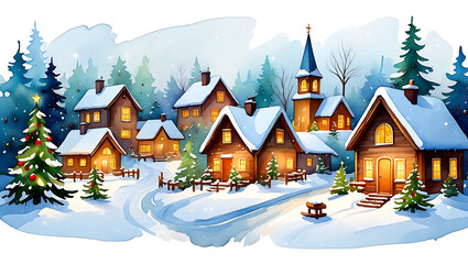 Naklejka premium Watercolor Winter Village Scene with Church and Cozy Homes Snow Covered Landscape Christmas Holiday Theme Ideal for Greeting Cards