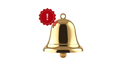 Golden alert bell with red badge has PNG transparent background.