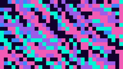 Colorful pixelated digital pattern with random squares in bright magenta, cyan, purple, and black, creating a vibrant retro 8-bit mosaic texture