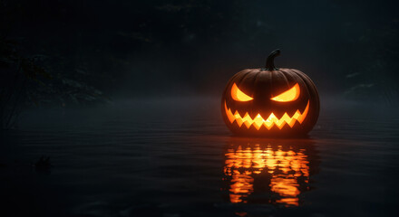 Halloween-digital art of a jack-o'-lantern floating on dark river, glowing reflection in water, cinematic spooky Halloween concept
