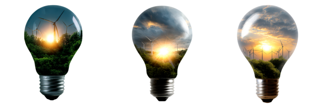 Set of Light bulb Designs with Windmill and Sun Silhouettes Isolate on Transparent Background, cutout, png - Powered by Adobe