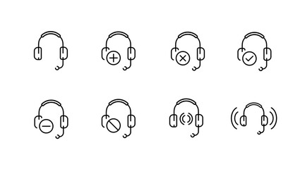 Communication and support icons set – outline, linear, headset and customer service tools