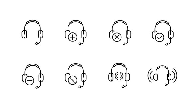 Communication and support icons set – outline, linear, headset and customer service tools