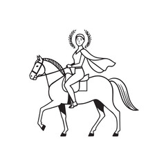 Black and white line art of a beautiful woman with perfect body riding horse elegant minimalist illustration