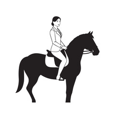 Black and white line art of a beautiful woman with perfect body riding horse elegant minimalist illustration