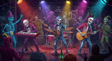 Obraz premium Halloween-digital art of a skeleton band playing instruments, neon lights glowing, funny Halloween party scene