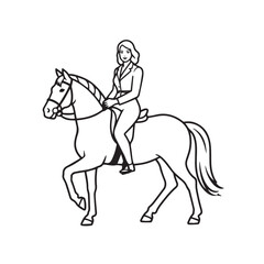Black and white line art of a beautiful woman with perfect body riding horse elegant minimalist illustration