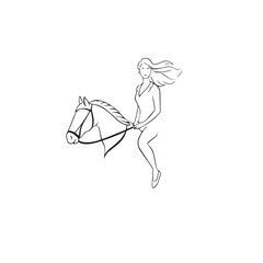 Black and white line art of a beautiful woman with perfect body riding horse elegant minimalist illustration