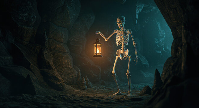 Halloween-digital art of a skeleton holding a lantern, standing in a dark cave, glowing bones effect, spooky cinematic Halloween style