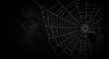 Halloween-digital art of a spider web with dew drops, large spider silhouette in corner, minimal black background, Halloween texture