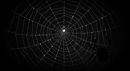 Halloween-digital art of a spider web with dew drops, large spider silhouette in corner, minimal black background, Halloween texture