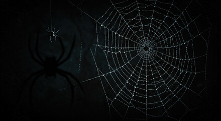 Halloween-digital art of a spider web with dew drops, large spider silhouette in corner, minimal black background, Halloween texture