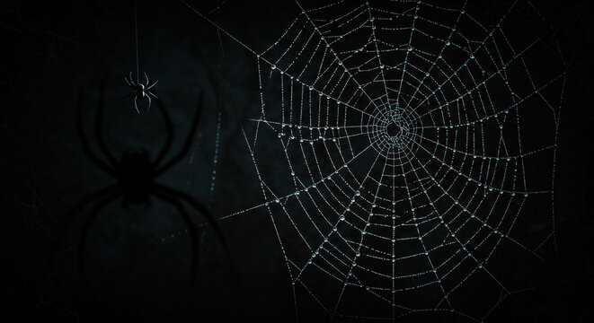 Halloween-digital art of a spider web with dew drops, large spider silhouette in corner, minimal black background, Halloween texture