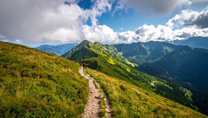 Fototapeta premium Scenic mountain trail with a hiker, offering panoramic views under a cloudy sky, perfect for travel and outdoor adventures