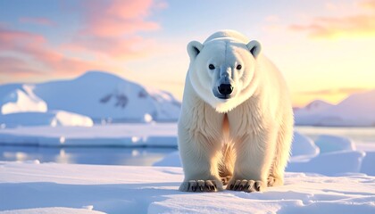 Majestic polar bear stands on ice floe, gazing at viewer against backdrop of snowy mountains and pastel sky