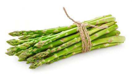 Fresh asparagus tied together on a clean white surface, ready for cooking or display - Powered by Adobe