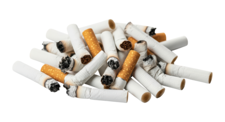 Pile of used cigarette butts on transparent background