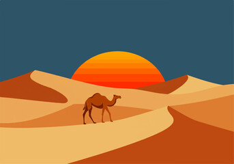 A camel walks across sand dunes in a desert landscape with a bright sun setting on the horizon.
