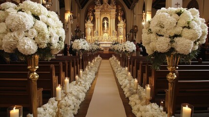 Beautiful church wedding setup, with white flowers, wooden pew decorations, and golden candle stands along the aisle.