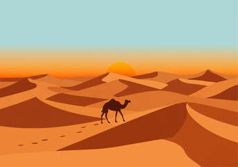A camel walks across sand dunes in a vast desert landscape at sunset, leaving footprints in the sand. © denijulianto