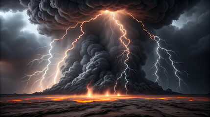 Volcanic eruption with lightning storm and lava flow
