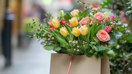 Beautiful spring flowers in a gift bag, with vibrant yellow tulips, pink roses, and lush greenery, placed near a window.