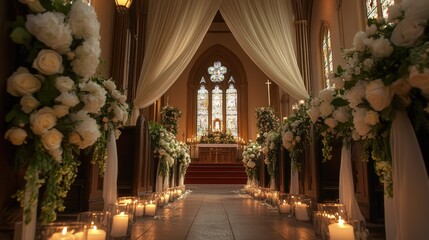 Beautifully decorated church entrance for a wedding, featuring soft drapery, floral garlands, and romantic candle lighting.