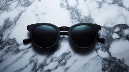 Black sunglasses front-on perspective, positioned on a marble surface with elegant lighting and soft reflections
