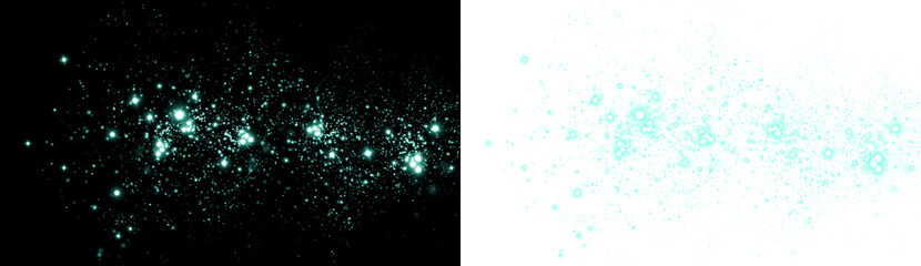 Obraz premium Abstract teal and black png overlay featuring luminous particles, creating a dynamic visual effect, ideal for backgrounds and design projects with copy space