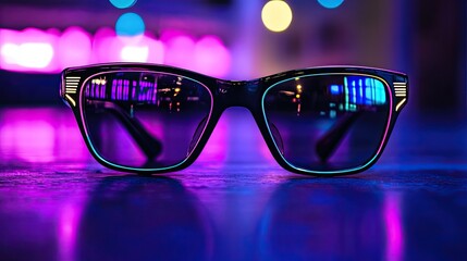 Black sunglasses front-on with neon reflections, capturing futuristic aesthetics and colorful highlights
