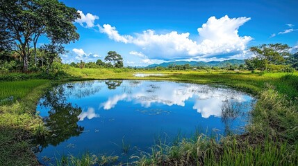 Blue sky stretching over a peaceful jasmine rice field in rural Isaan, Thailand, during the cool winter season.