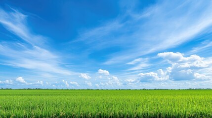 Blue sky stretching over a peaceful jasmine rice field in rural Isaan, Thailand, during the cool winter season.