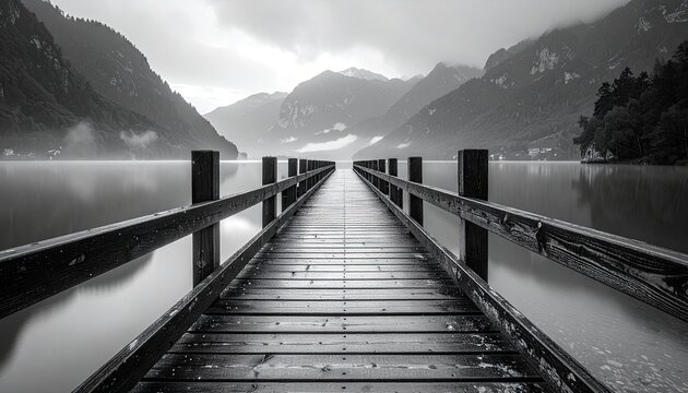 Tranquil Lakeside Wooden Dock on a Cloudy Day.