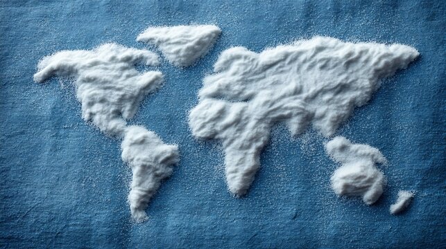 conceptual illustration of a stylized world map where a sprinkling of brilliant white salt covers all continents, symbolizing its universal presence in cultures and cuisines around the world. 