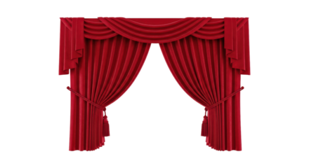 Elegant red stage curtains with drapes on transparent background