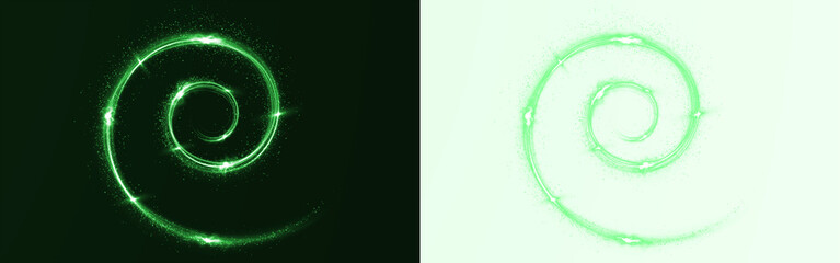Green spiral light effect overlay on contrasting backgrounds, creating a dynamic visual element for design projects, enhancing creativity and artistic expression