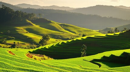 Bright green rice paddies reflecting sunlight in the Isaan region of Thailand, surrounded by a peaceful winter landscape.