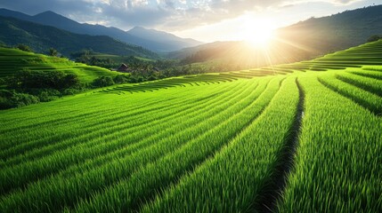 Bright green rice paddies reflecting sunlight in the Isaan region of Thailand, surrounded by a peaceful winter landscape.