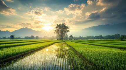 Bright green rice paddies reflecting sunlight in the Isaan region of Thailand, surrounded by a peaceful winter landscape.