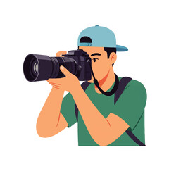 Fototapeta premium A young man wearing a cap and backpack is taking a picture with a professional DSLR camera, focusing intently on the subject.